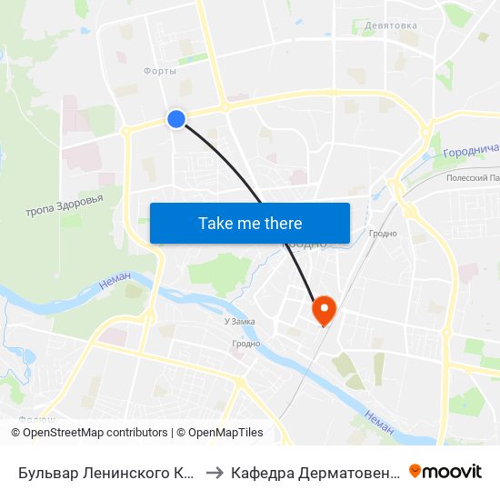 Бульвар Ленинского Комсомола to Кафедра Дерматовенерологии map