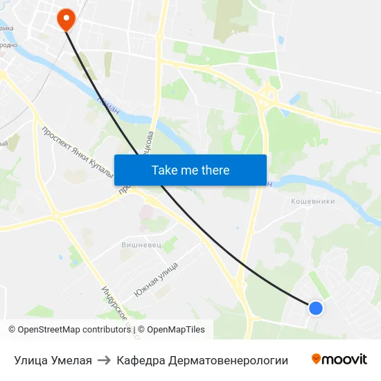 Улица Умелая to Кафедра Дерматовенерологии map