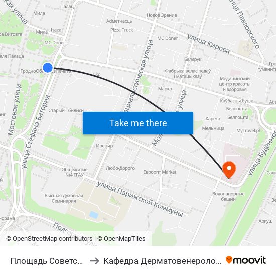 Площадь Советская to Кафедра Дерматовенерологии map