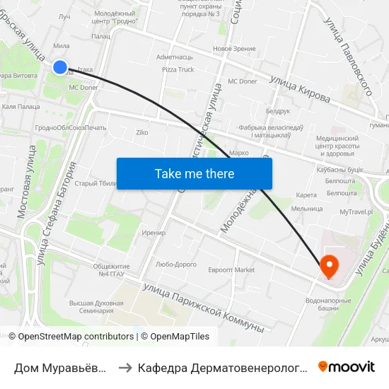 Дом Муравьёвых to Кафедра Дерматовенерологии map