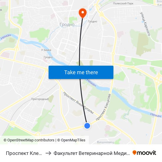 Проспект Клецкова to Факультет Ветеринарной Медицины Ггау map