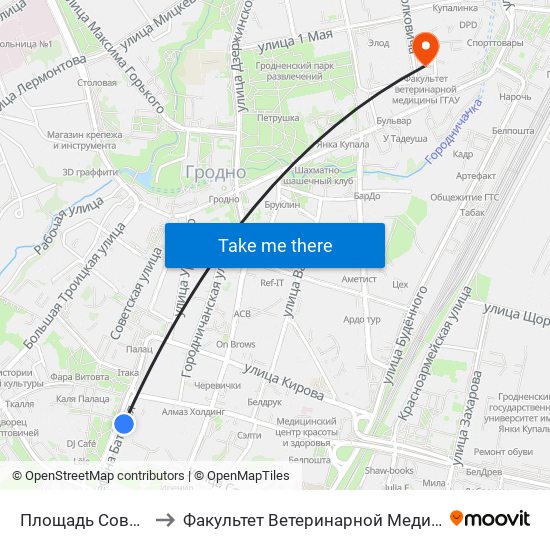 Площадь Советская to Факультет Ветеринарной Медицины Ггау map