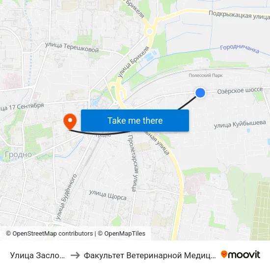 Улица Заслонова to Факультет Ветеринарной Медицины Ггау map