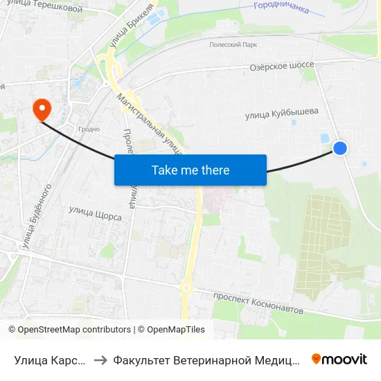 Улица Карского to Факультет Ветеринарной Медицины Ггау map