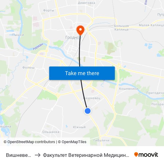 Вишневец-7 to Факультет Ветеринарной Медицины Ггау map