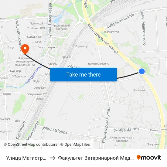 Улица Магистральная to Факультет Ветеринарной Медицины Ггау map