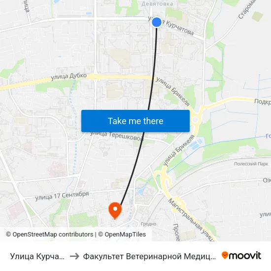 Улица Курчатова to Факультет Ветеринарной Медицины Ггау map