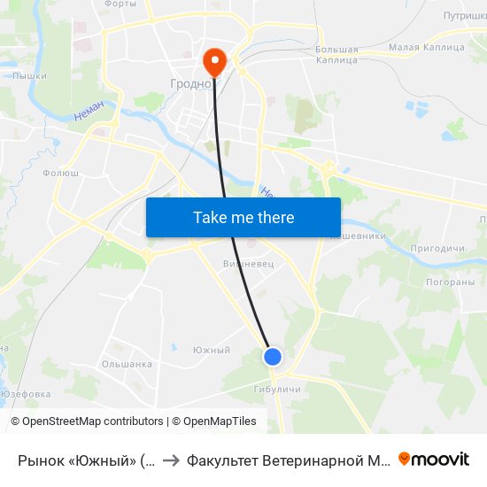 Рынок «Южный» (Высадка) to Факультет Ветеринарной Медицины Ггау map