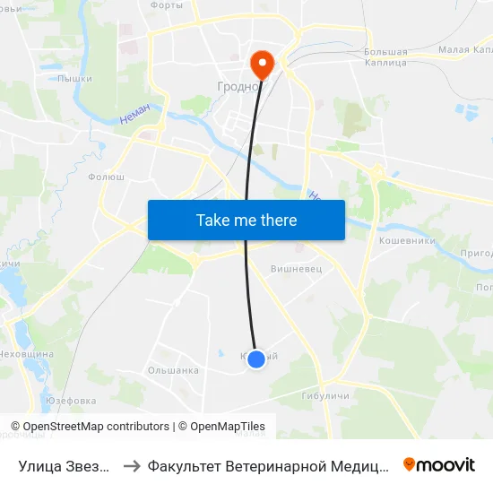 Улица Звездная to Факультет Ветеринарной Медицины Ггау map