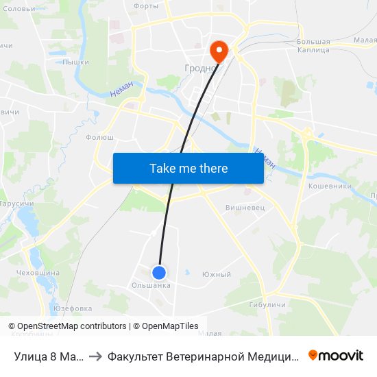 Улица 8 Марта to Факультет Ветеринарной Медицины Ггау map