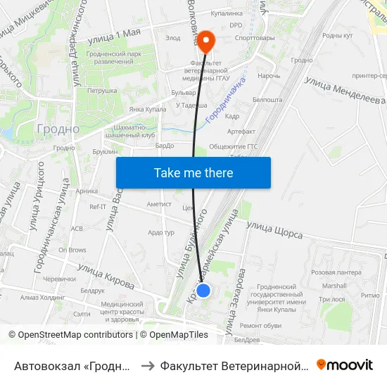 Автовокзал «Гродно» (Пригород) to Факультет Ветеринарной Медицины Ггау map