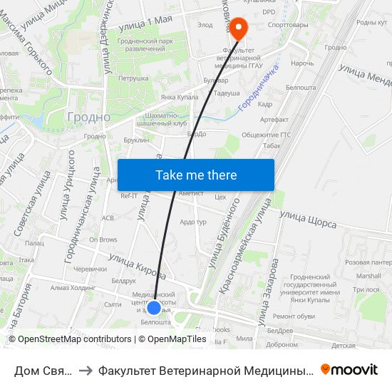 Дом Связи to Факультет Ветеринарной Медицины Ггау map