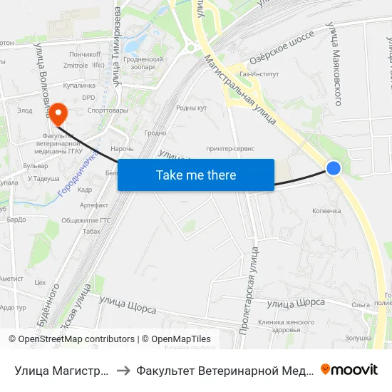 Улица Магистральная to Факультет Ветеринарной Медицины Ггау map