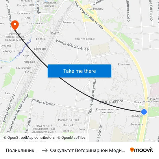 Поликлиника № 5 to Факультет Ветеринарной Медицины Ггау map