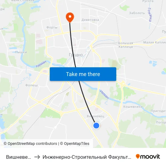 Вишневец-5 to Инженерно-Строительный Факультет Гргу map