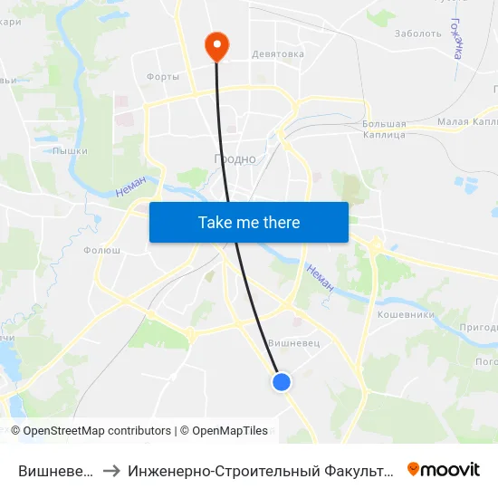 Вишневец-7 to Инженерно-Строительный Факультет Гргу map