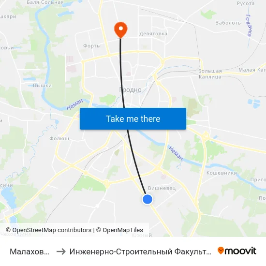 Малаховичи to Инженерно-Строительный Факультет Гргу map
