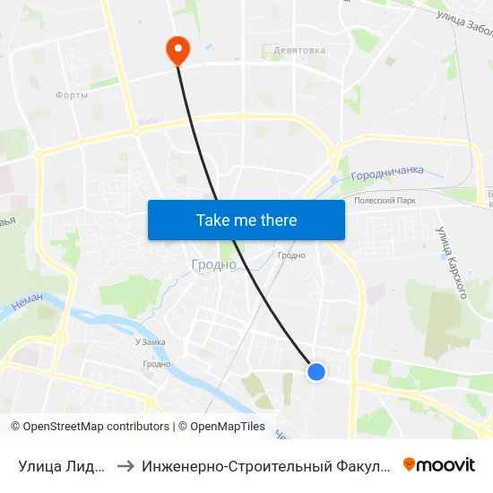 Улица Лидская to Инженерно-Строительный Факультет Гргу map