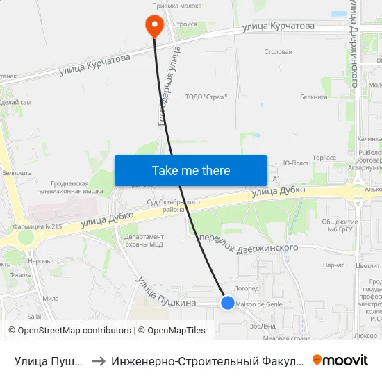 Улица Пушкина to Инженерно-Строительный Факультет Гргу map