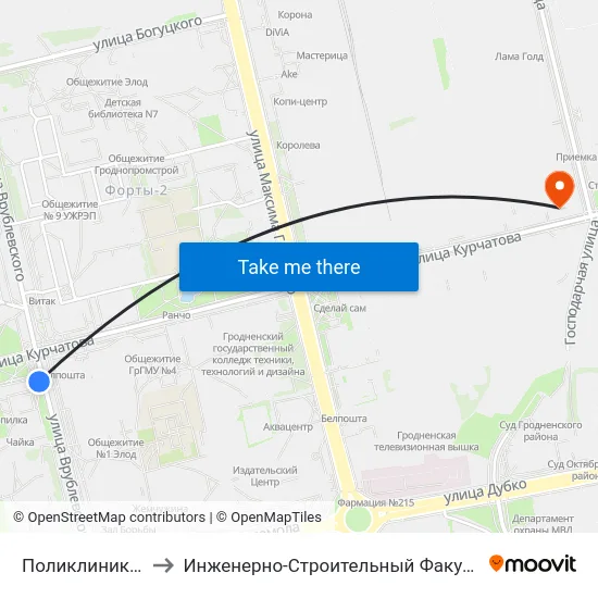 Поликлиника №4 to Инженерно-Строительный Факультет Гргу map