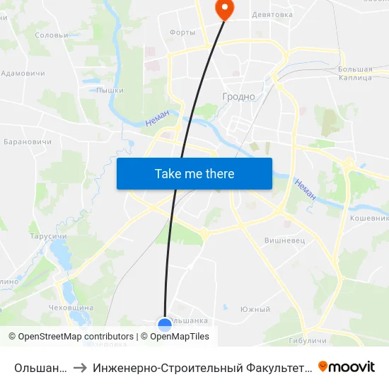 Ольшанка to Инженерно-Строительный Факультет Гргу map