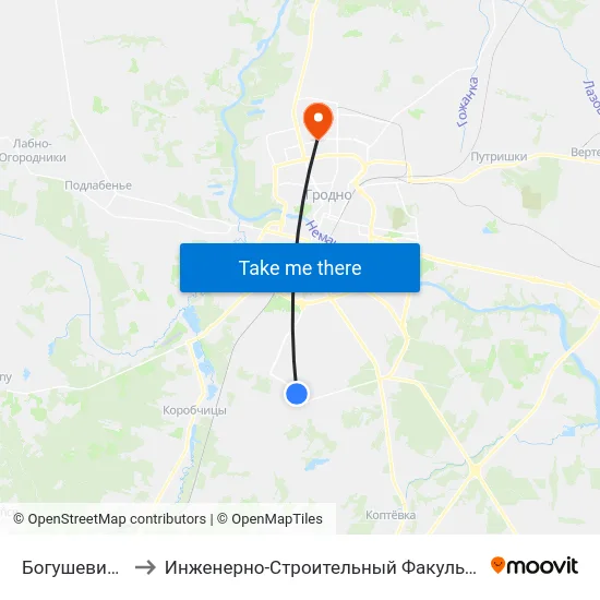 Богушевича-2 to Инженерно-Строительный Факультет Гргу map