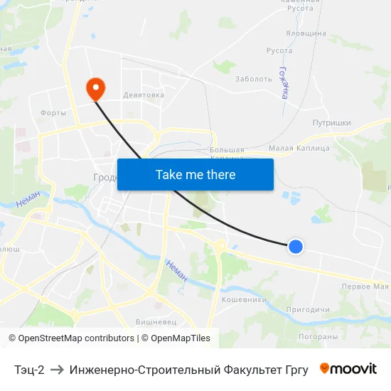 Тэц-2 to Инженерно-Строительный Факультет Гргу map