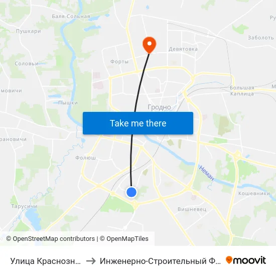 Улица Краснознаменная to Инженерно-Строительный Факультет Гргу map