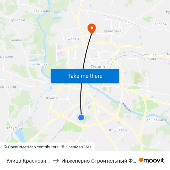 Улица Краснознаменная to Инженерно-Строительный Факультет Гргу map