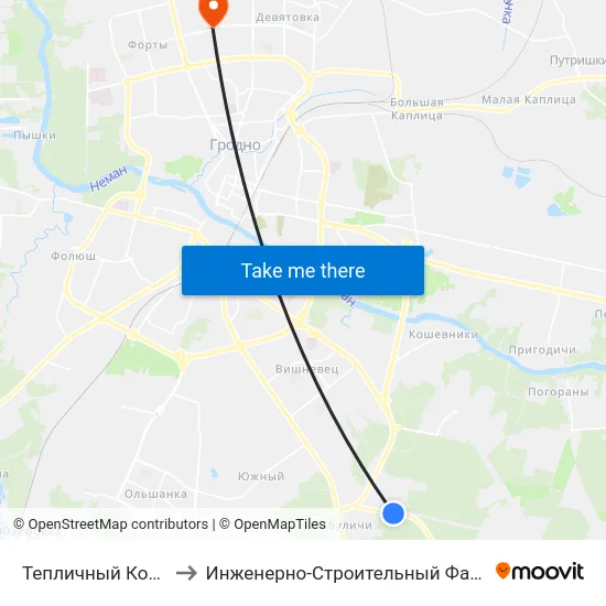 Тепличный Комбинат to Инженерно-Строительный Факультет Гргу map