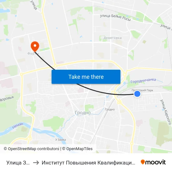 Улица Заслонова to Институт Повышения Квалификации И Переподготовки Кадров Гргу map