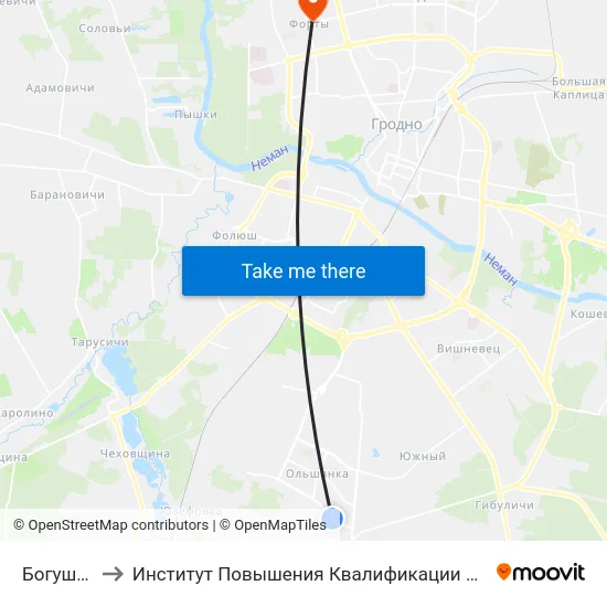 Богушевича-2 to Институт Повышения Квалификации И Переподготовки Кадров Гргу map