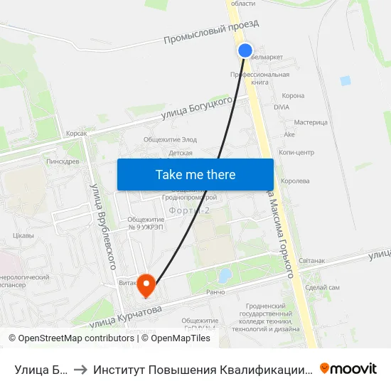 Улица Богуцкого to Институт Повышения Квалификации И Переподготовки Кадров Гргу map