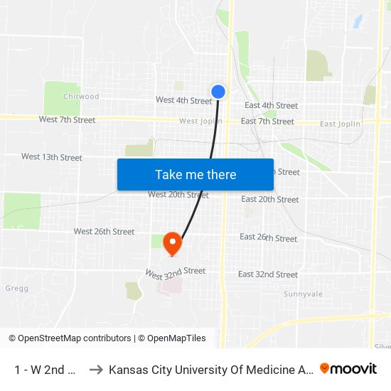 1 - W 2nd @ Pearl to Kansas City University Of Medicine And Biosciences map