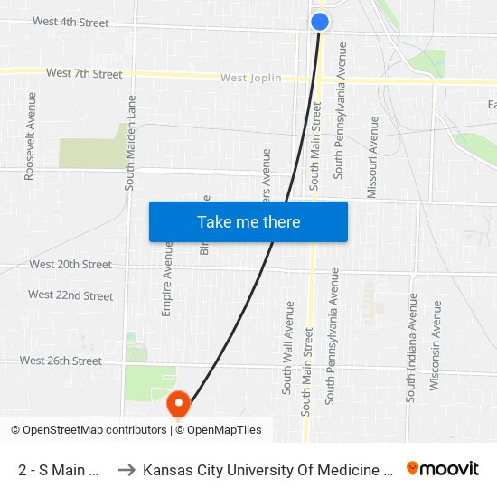 2 - S Main @ W 3rd to Kansas City University Of Medicine And Biosciences map