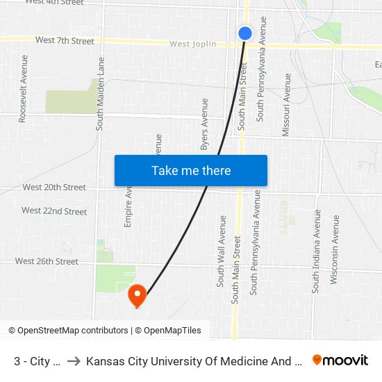 3 - City Hall to Kansas City University Of Medicine And Biosciences map