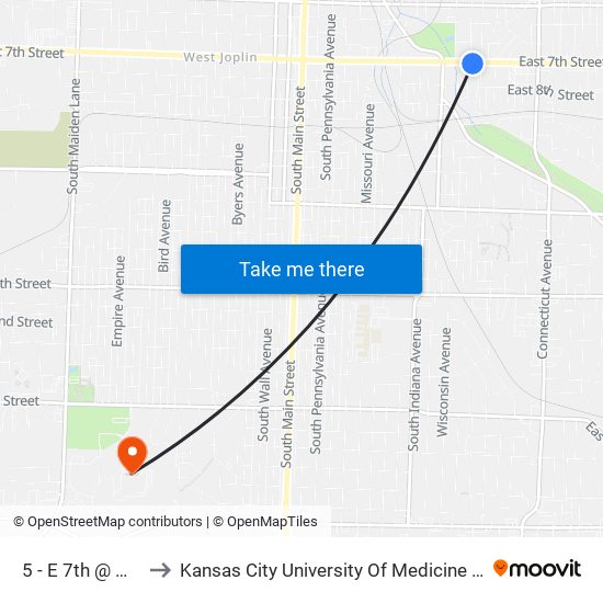 5 - E 7th @ Michigan to Kansas City University Of Medicine And Biosciences map