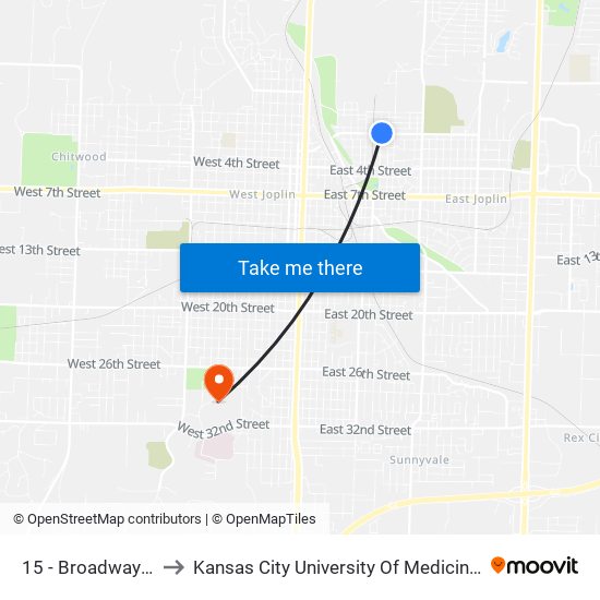 15 - Broadway & School to Kansas City University Of Medicine And Biosciences map