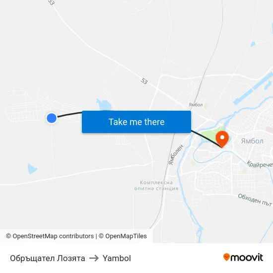 Обръщател Лозята to Yambol map