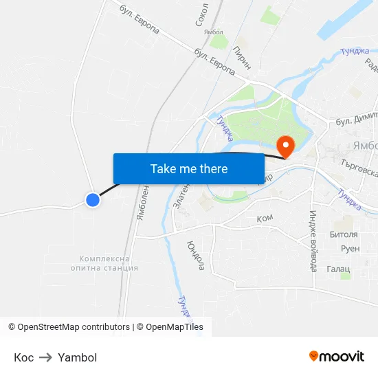 Кос to Yambol map