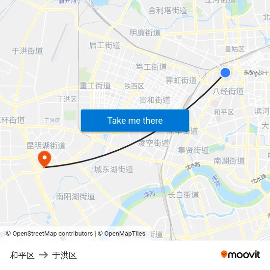 和平区 to 于洪区 map