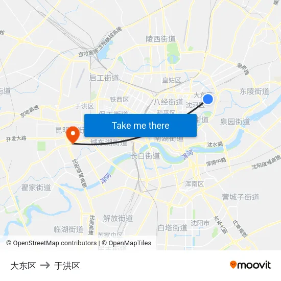 大东区 to 于洪区 map
