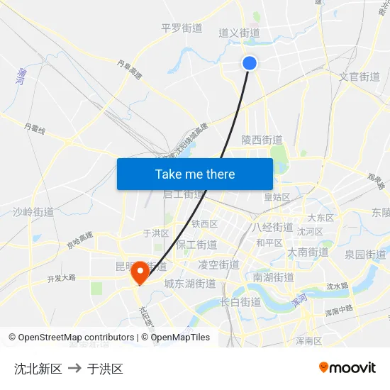 沈北新区 to 于洪区 map