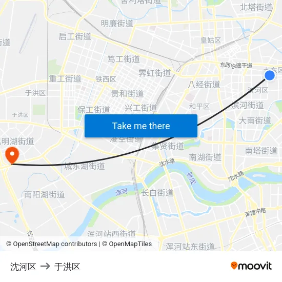 沈河区 to 于洪区 map