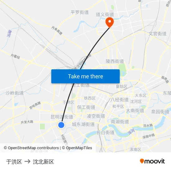 于洪区 to 沈北新区 map