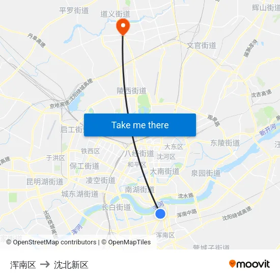 浑南区 to 沈北新区 map