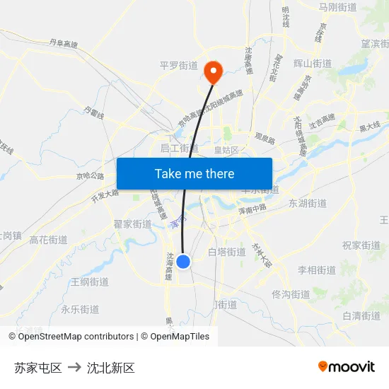 苏家屯区 to 沈北新区 map