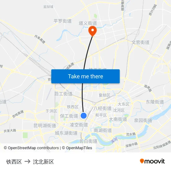 铁西区 to 沈北新区 map