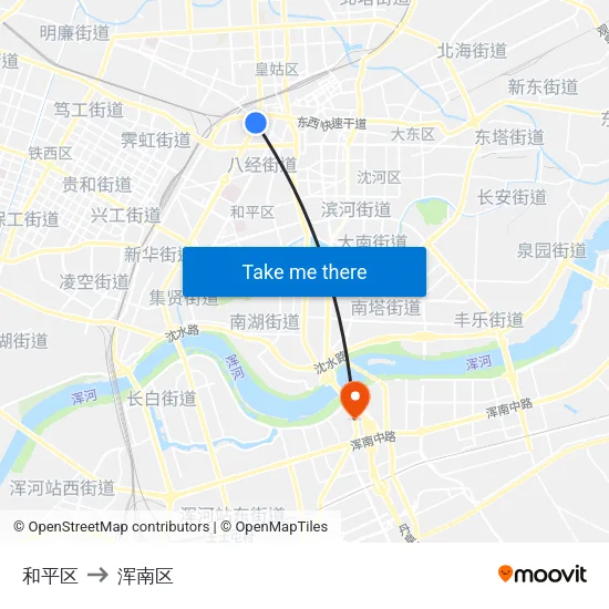 和平区 to 浑南区 map