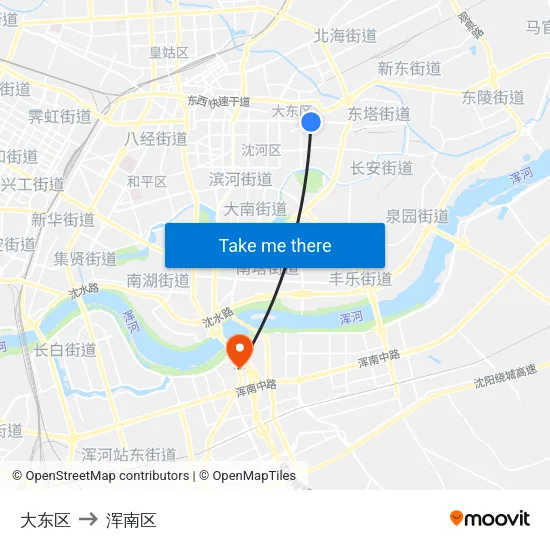 大东区 to 浑南区 map